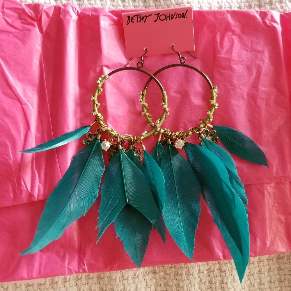 Betsey Johnson Blue Feather Hoop Earrings Aria PLL